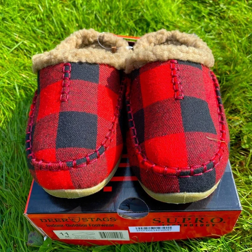 NWT/ NIB Deer Stags Kid's Lil Nordic Check Faux Shearling Slippers (Sz 11)